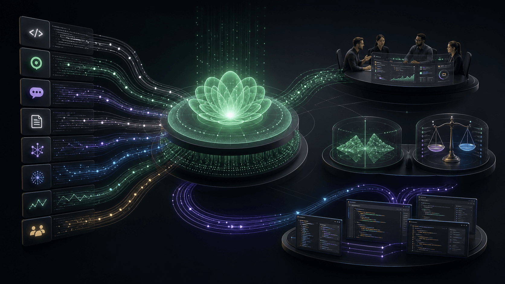 Bridgly decision twin feedback loop with source systems, governed intelligence, team collaboration, non-biased judgement, and feedback into team tools.