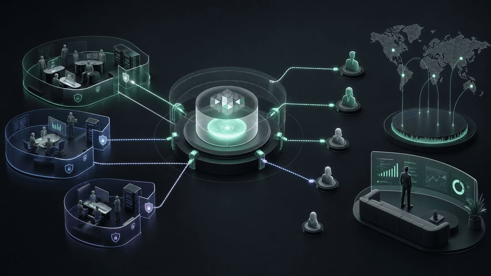 Bridgly enterprise access model showing identity, business unit boundaries, permission controls, and organisation-wide visibility.
