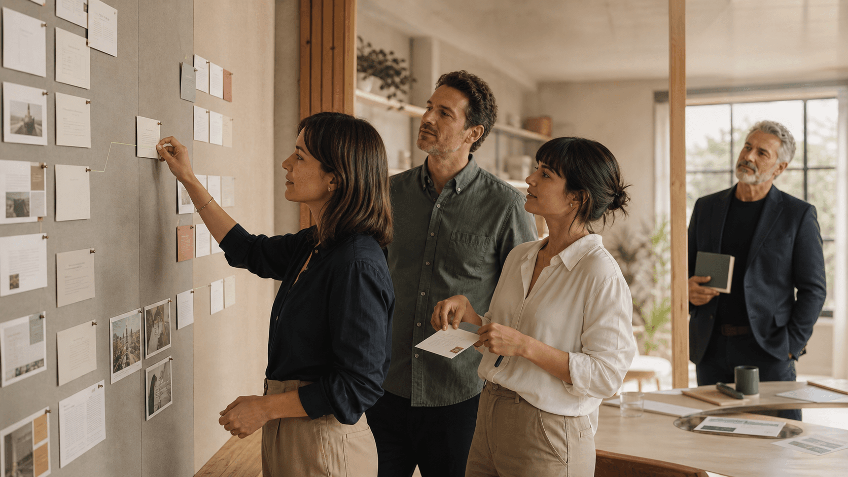 Colleagues develop an early contribution on a shared ideas wall while a leader reviews the wider portfolio.