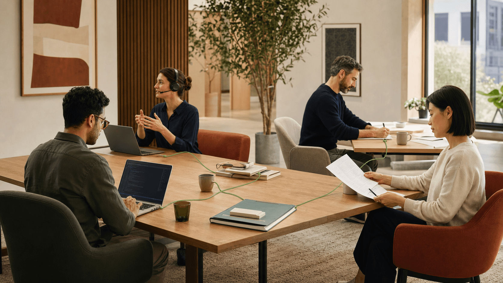 Colleagues use code, voice, documents and planning while selected context joins one controlled project record.