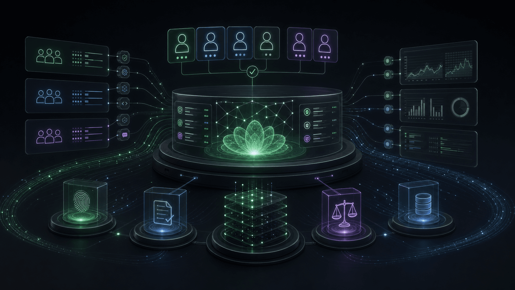 Access, identity, and audit wrap the system.