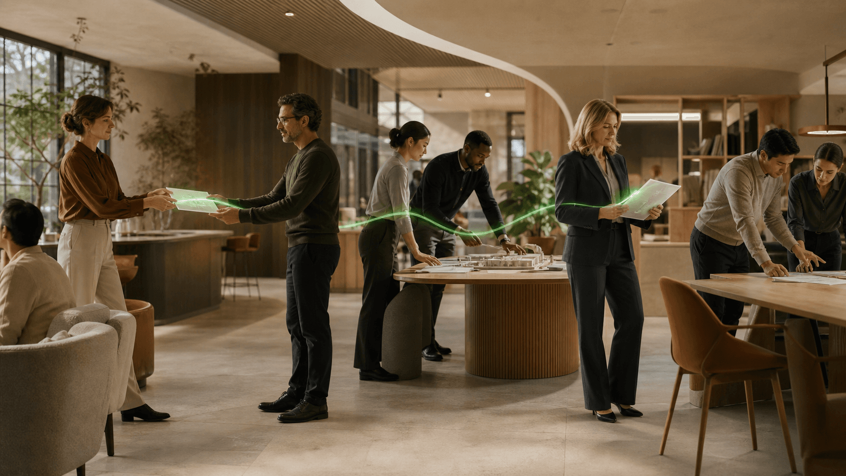 Professionals pass an idea through different stages of work while one green thread follows it.