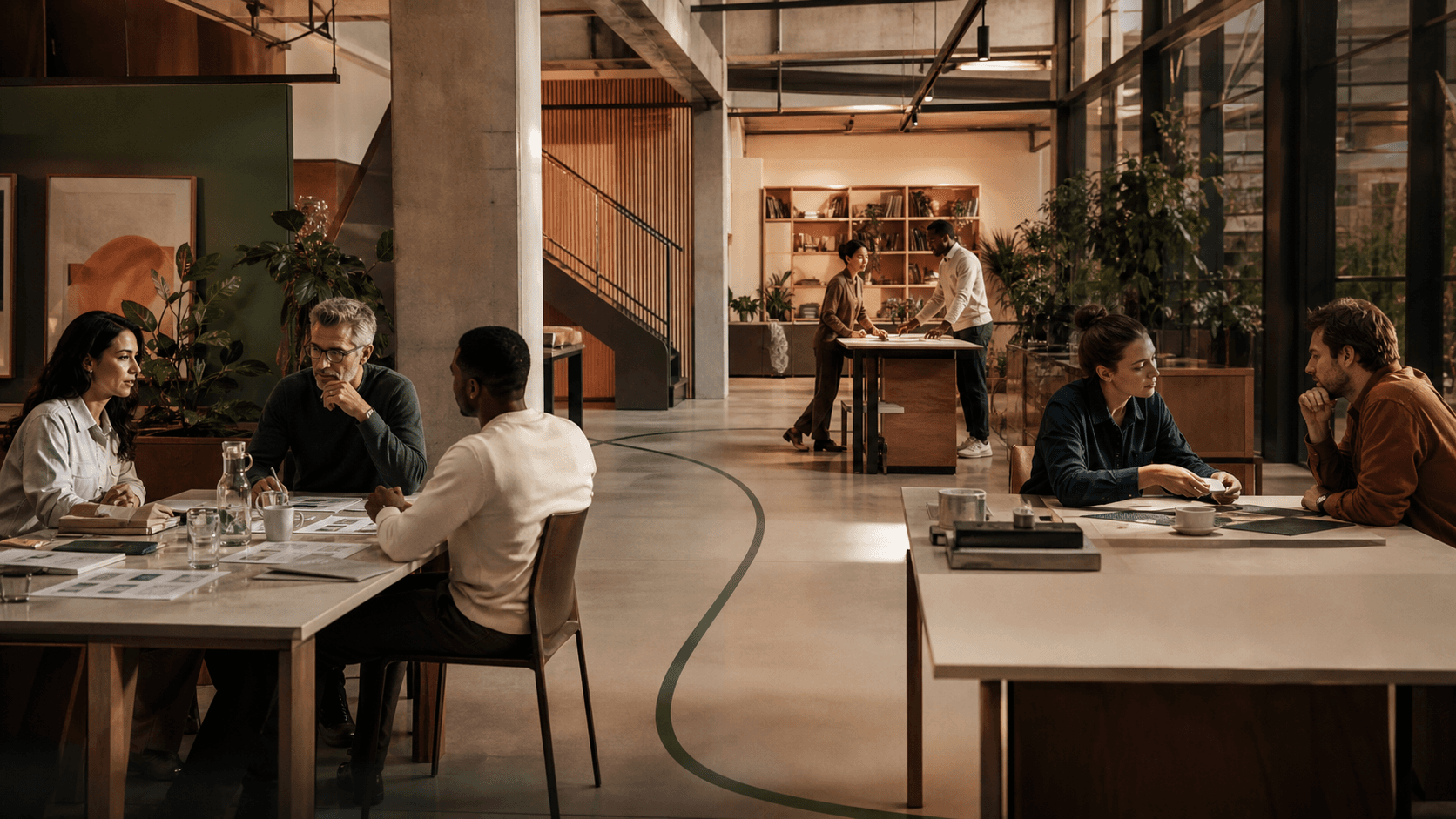Several teams explore strategy, operations and product questions in connected areas of the same organisation.
