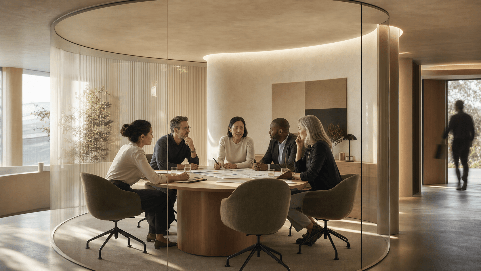 Five professionals collaborate around a table inside a warm curved glass decision room.